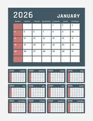 calendar for 2026 starts sunday, vector calendar design 2026 year