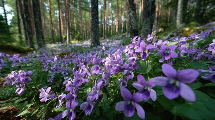 Lilac violets carpet a sunlit forest floor