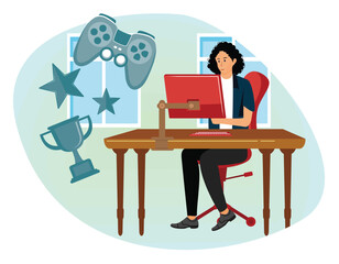 Gaming Disorder concept. Man Gaming at Desk with Trophy and Game Symbols