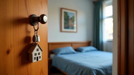 House Key with Small Home Keychain Hanging in Door Lock Leading to Cozy Bedroom 
 - Powered by Adobe