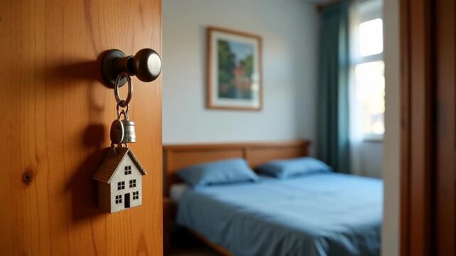 House Key with Small Home Keychain Hanging in Door Lock Leading to Cozy Bedroom 
