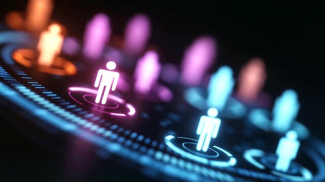 Futuristic holographic interface displaying advanced customer segmentation, representing marketing insights, audience targeting, consumer analytics, personalization and digital strategy.