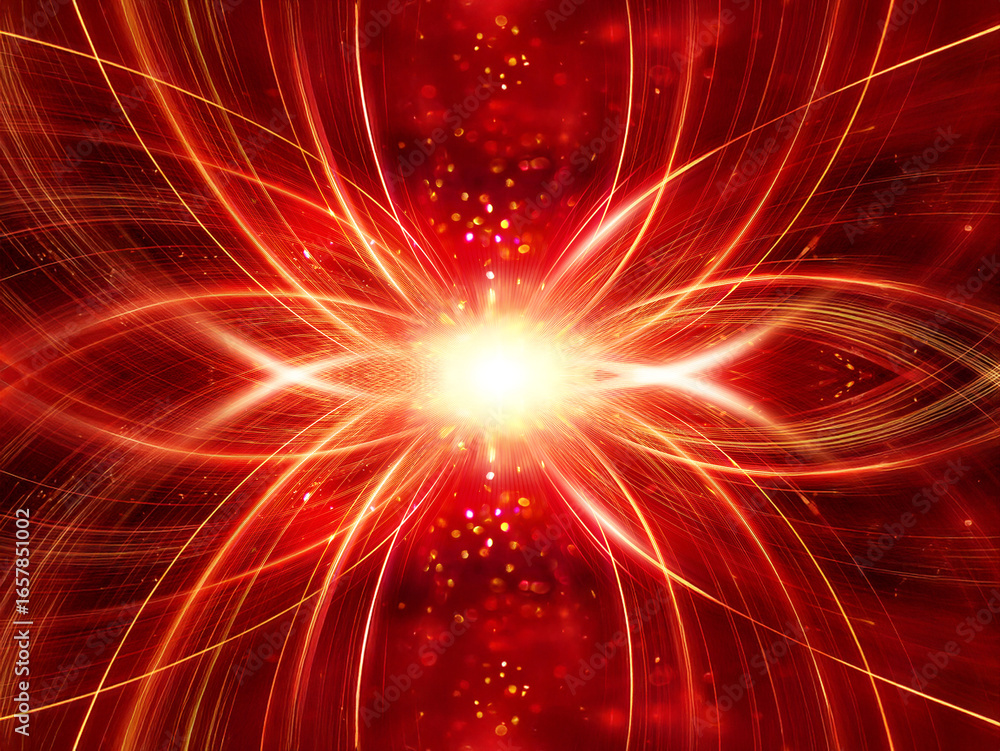 Poster a vibrant swirl of red and gold energy explodes from a bright central core, resembling a cosmic even