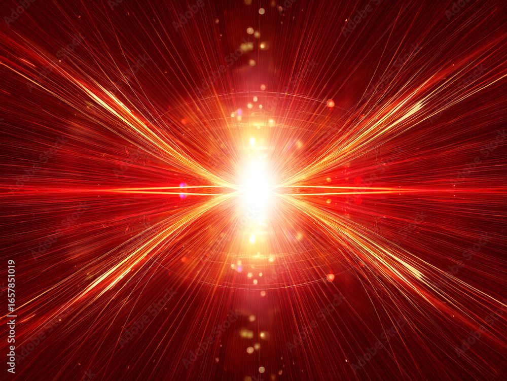 Poster intense red and orange light bursts from a central point, radiating outwards in streaks, creating a 