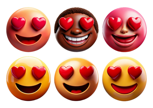 Set Smiley face with heart. In love emoji.  isolated on transparent or white background