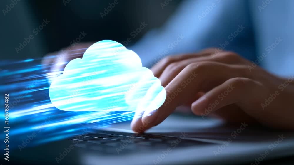 Poster animated cloud icon with dynamic blue light streams representing data transfer.