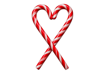 Two red and white candy canes crossed to form a heart shape, representing love and holiday isolated on transparent or white background