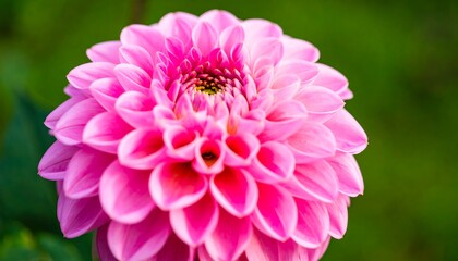 Obraz premium A close-up view of a vibrant pink dahlia flower, showcasing its intricate detail and delicate petals against a blurred green backdrop.