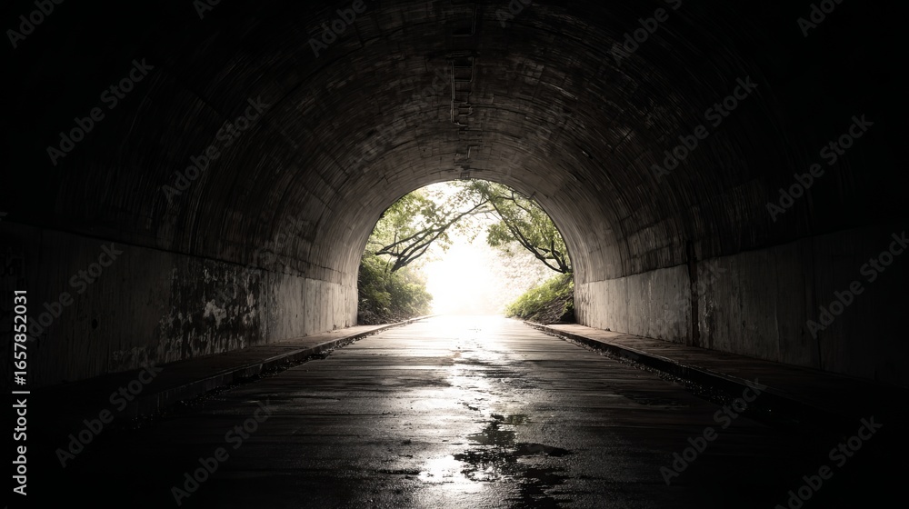 Poster discover hope shining brightly at the end of a dark tunnel offering an optimistic future path forwar