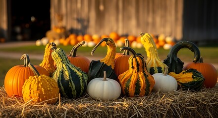 A vibrant display of various pumpkins and gourds on a hay bale during autumn.