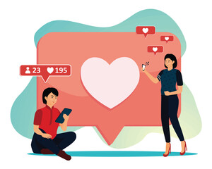 Likes Addiction concept.Young Adults Using Social Media Apps with Love Reaction