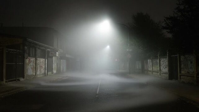 Eerie Foggy Street: Dimly Lit Pathways Enveloped in Dense Mist Create an Atmosphere of Mystery and Silence, Ideal for Evoking Suspense and Unease