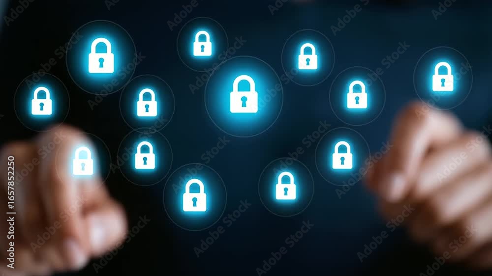Poster animated digital interface displaying padlock icons transitioning between locked and unlocked states