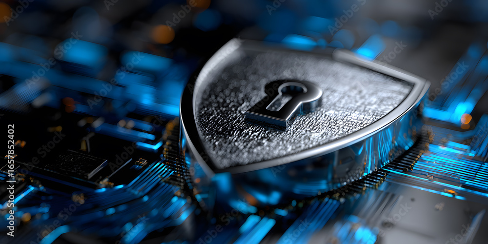 Poster a metallic padlock resting on a vibrant, circuit-like background symbolizing digital security.