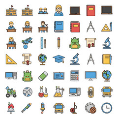 School icons and symbols for education, learning, and knowledge with students and teachers