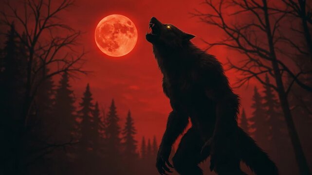 A menacing werewolf howls at the crimson full moon, silhouetted against a dark forest, evoking an eerie atmosphere of supernatural mystery and ferocity.