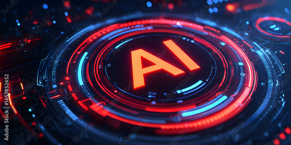 Poster futuristic ai interface with glowing red and blue circular design