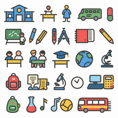 Colorful school icons perfect for education, learning, and creative projects, ready for use