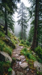 Fototapeta premium Misty mountain path winding through lush forest
