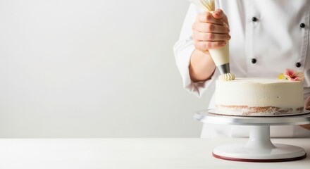 Chef decorating cake with piping bag in professional kitchen