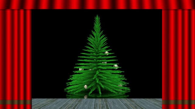 Filmato. Illustrazione 3D. Natale. Sipario rosso si apre e scopre albero di Natale decorato e illuminato.