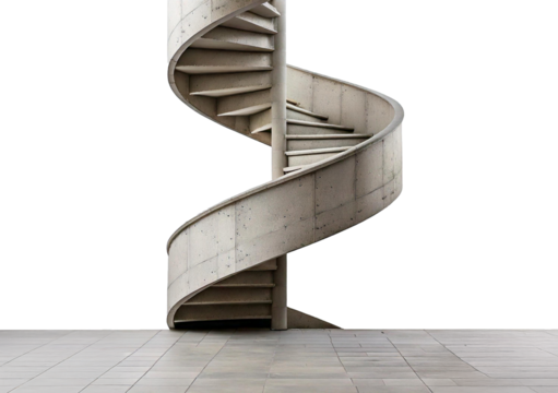 Spiral Staircase Design: A sleek and modern spiral staircase with concrete railing and wooden steps creates a dynamic and captivating architectural element. isolated on transparent or white background