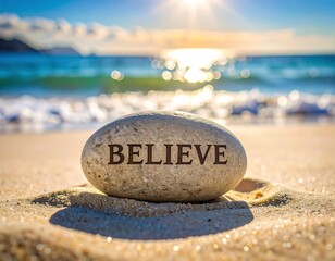 Inspirational Stone with BELIEVE Engraved on a Sandy Beach at Sunset.