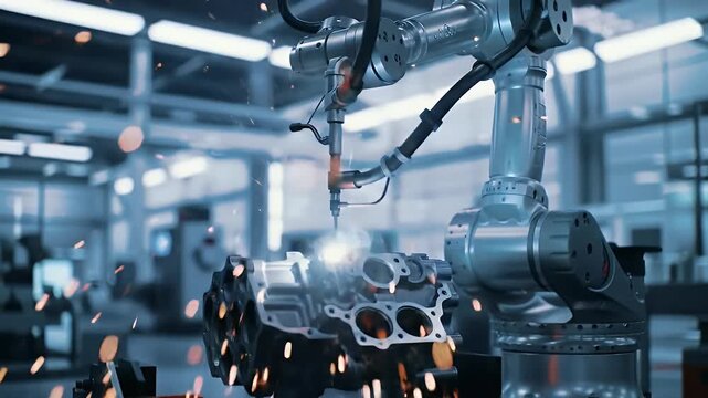 Robotic Arm Precise Welding with Bright Sparks on Engine Component in Blue Toned Industrial Factory Setting for