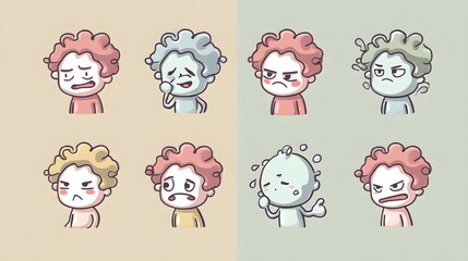 Unique Stylized Pastel Vector Icons Depicting Nuanced Emotions with Cartoon Character Appeal