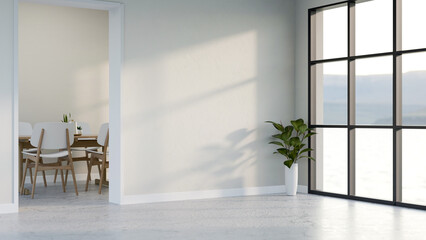 Window wall and plant on marble floor corridor to a dining room in modern house or office building.