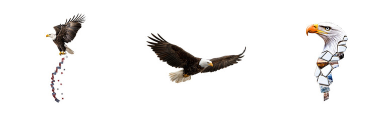 Fototapeta premium Majestic bald eagles depicted in flight and as a mosaic forming an outline of an eagle head, cut out transparent