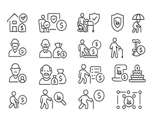 Set of outline icons related to retirement. Linear icon collection