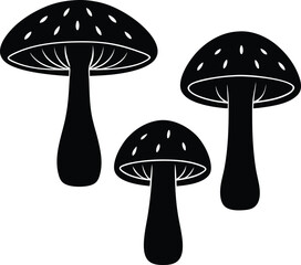 Stylized Vector Silhouettes of Three Mushrooms with Spotted Caps Isolated on White Background