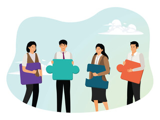 Business concept. Team metaphor and people connecting puzzle elements.