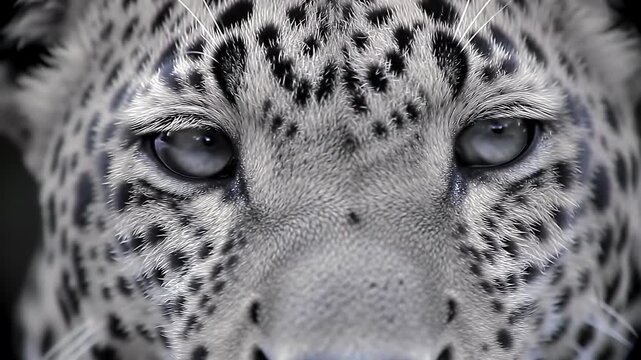 Extreme Close Up of Snow Leopard Face Displaying Blue Eyes Black Spots White Fur And Soft Lighting On Dark Background