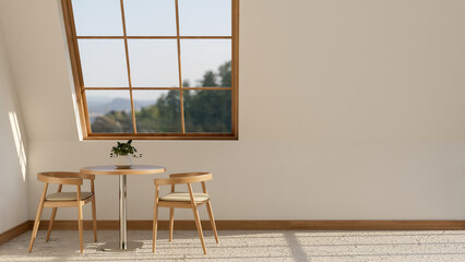 Pot plants on wooden table and armchair on marble floor under roof window in sunlit cafe attic room.