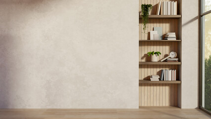 Build in display shelf on loft wall and wooden parquet floor in a modern house or office building.