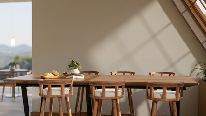 Breads and coffee on wooden table and stool chairs in a dining room of a restaurant or cafeteria.