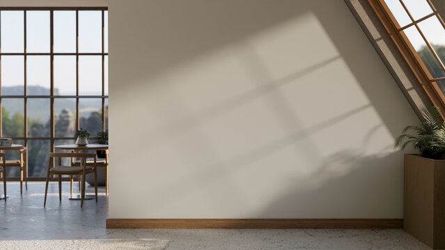 Empty wall with roof window along marble floor corridor to a restaurant or cafeteria in the office.