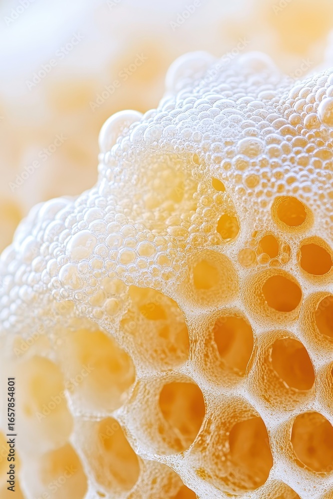 Poster close up of golden liquid with many small airy bubbles forming a textured pattern with smooth light 