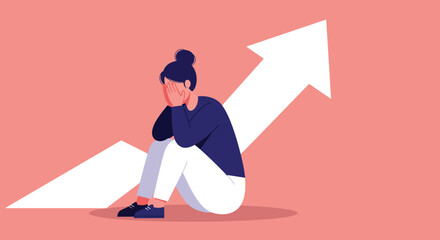 A woman sits dejected as an arrow points upward, symbolizing the challenges and emotional toll of navigating business and personal growth in a vibrant art style