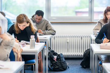 Students in a multicultural classroom engaged in an international language course