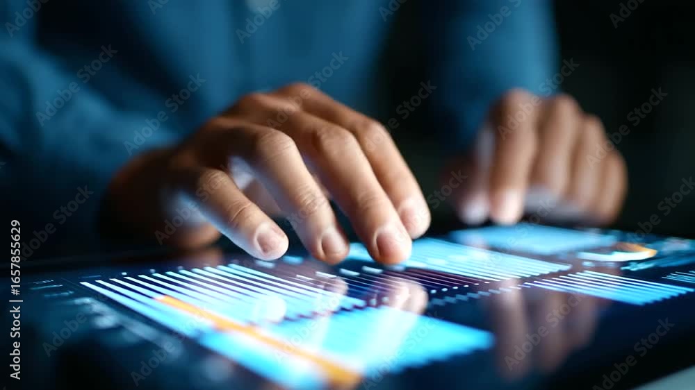 Poster cutting-edge holographic display showcasing dynamic financial data analysis.