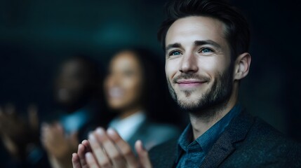 Smiling business team applauding in conference room after successful meeting