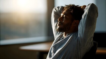 Office worker taking a stretch break at his desk to prevent burnout