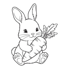 Obraz premium A cute bunny holding a carrot in black and white outline