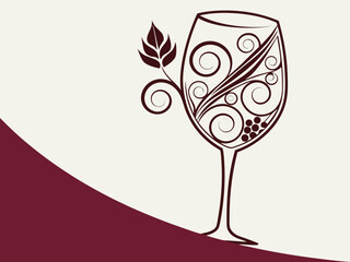 Elegant Black and White Wine Glass with Grapes and Vines , A stylized, black and white graphic of a wine glass surrounded by grape vines and swirls. 