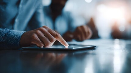 Professionals discussing investment strategies on a tablet