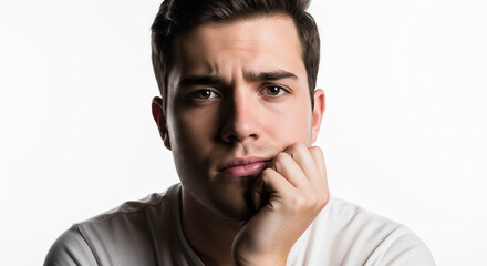 Obraz premium Thoughtful young man in a close-up portrait, displaying a pensive and slightly somber expression, resting his chin on his hand, conveying introspection or quiet concern.