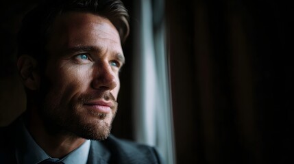 Businessman gazing out the window lost in thought